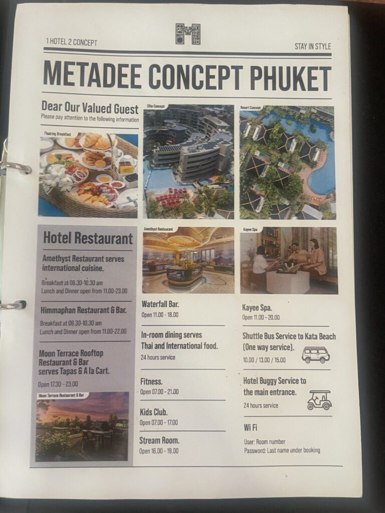Metadee Concept Hotel Phuket review — hotel info sheet with restaurant, spa and shuttle hours
