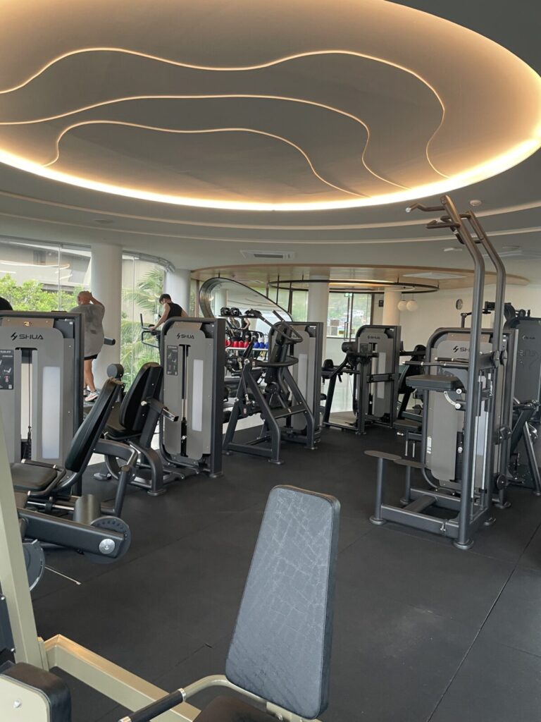Indoor gym with multiple strength machines under ring lighting